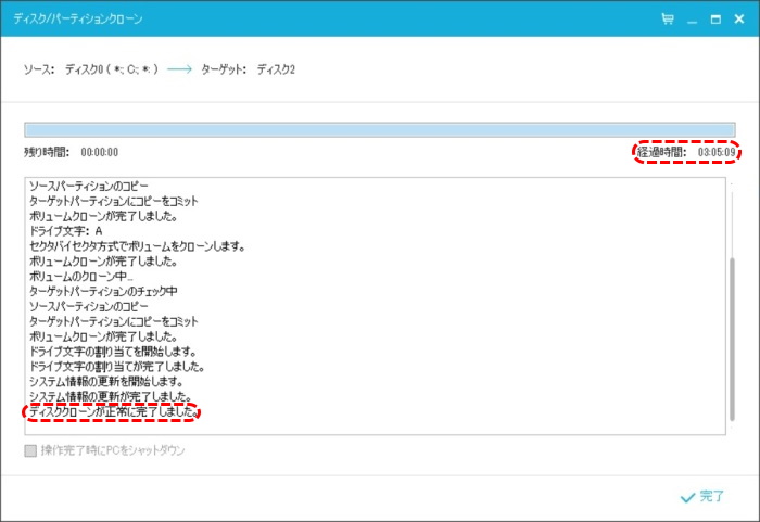 ディスククローンが正常に完了しました