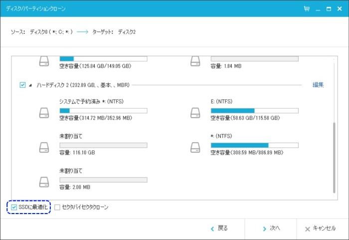 EaseUS todo backup free　ﾃﾞｨｽｸｸﾛｰﾝ　SSDに最適化　失敗
