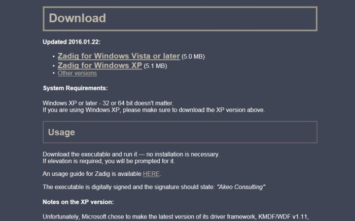Zadig for Windows XP